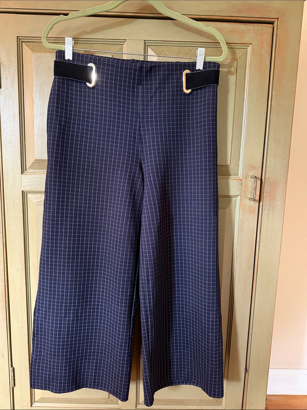 Navy Grid Wide-Leg Pants with Buckle Detail